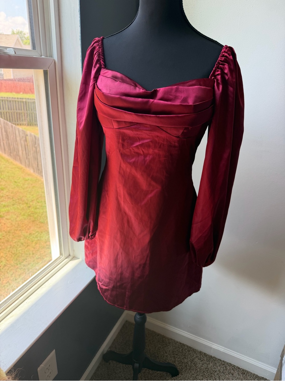 Long-Sleeve Satin Mini Dress in Deep Red
